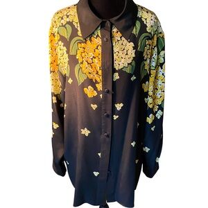 Bob Mackie Blue and Black Button Down Shirt with Peter Pan Collar